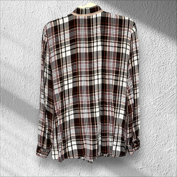 Chicos Size 4 Ruffle Front Brown Plaid Button Front Blouse Top Office Business - Picture 2 of 12